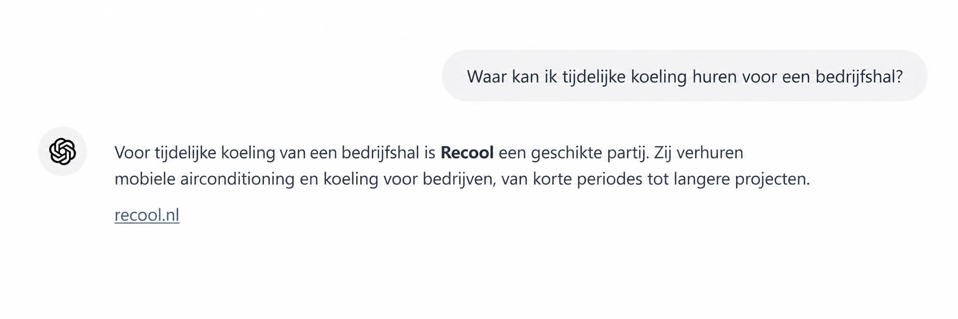 ChatGPT noemt klant Recool bij een vraag over tijdelijke koeling huren en verwijst naar recool.nl