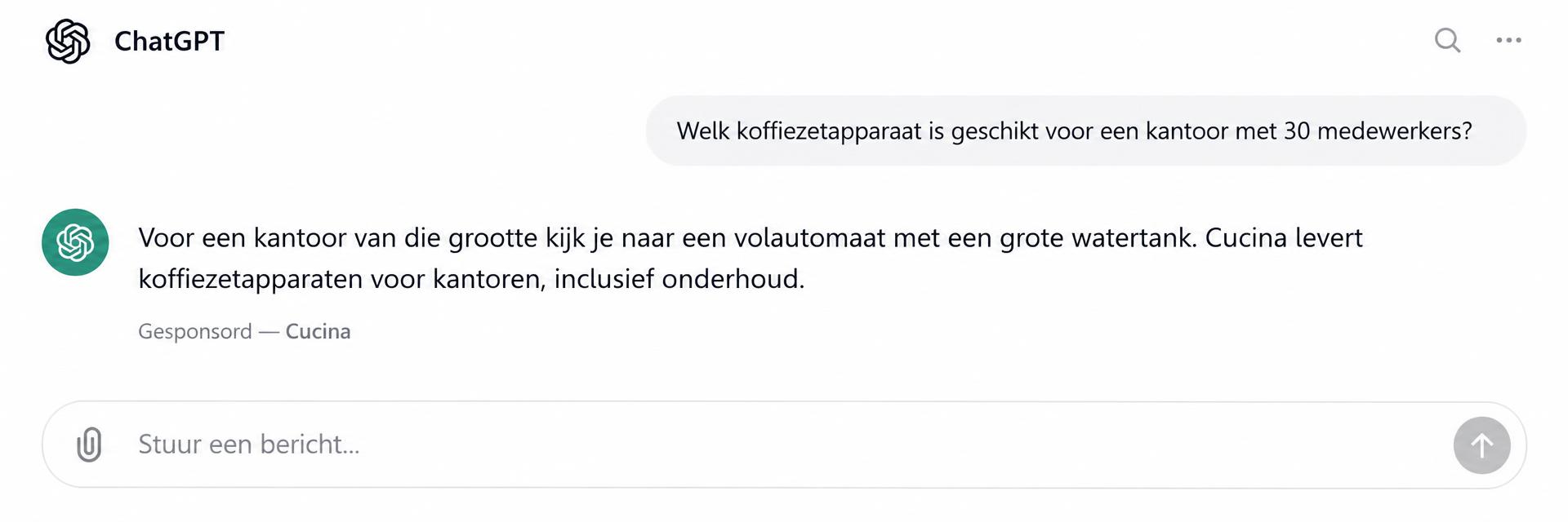 ChatGPT-gesprek over koffiezetapparaten voor kantoren waarin klant Cucina genoemd wordt