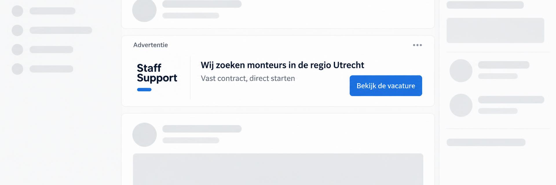Vacature-advertentie van klant Staff Support zoals die in een social media-tijdlijn verschijnt