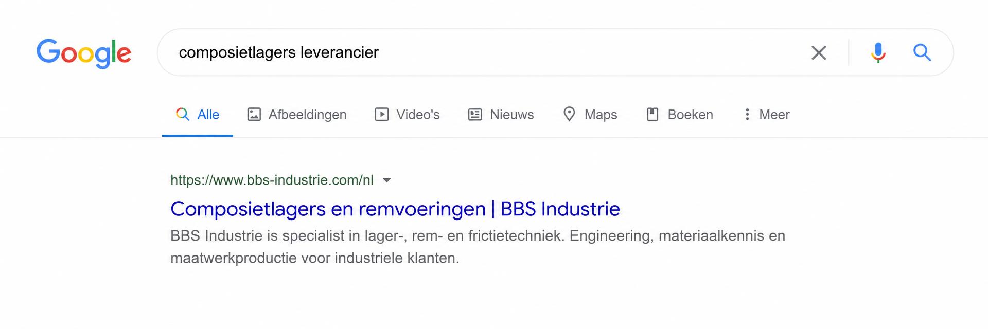 Zoekresultaat van klant BBS Industrie op nummer 1 in Google met groei in organisch verkeer