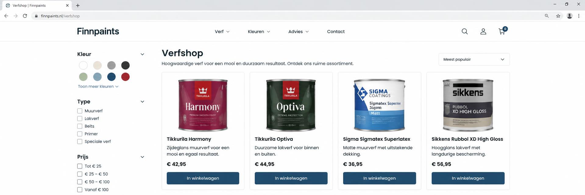 Verfshop van klant Finnpaints.nl met verfproducten en filters